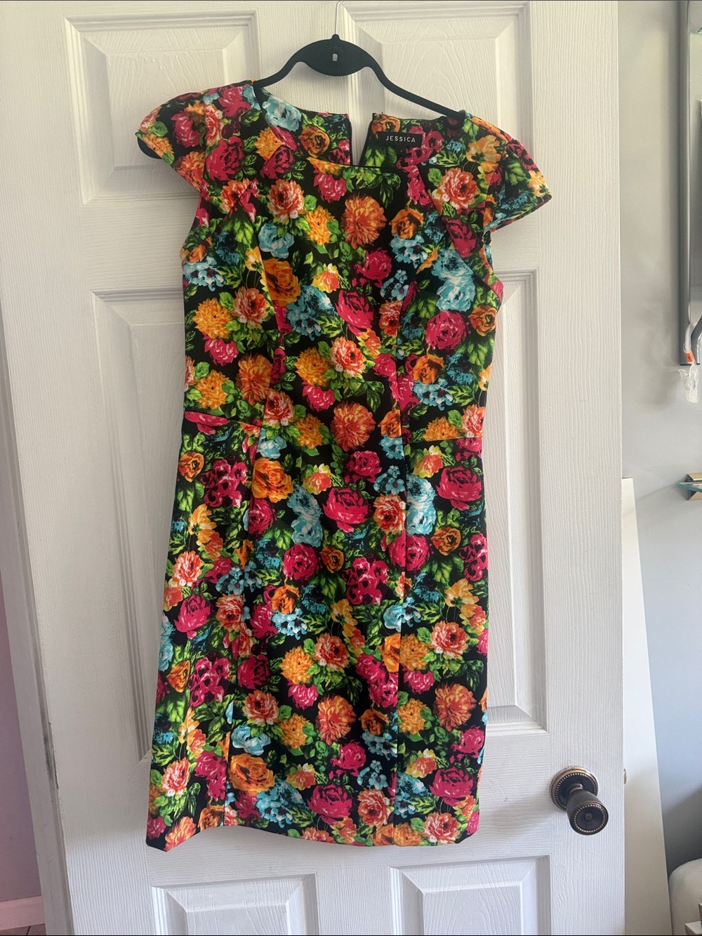Jessica Floral Midi Dress in Black with Pink, Orange, Yellow & Blue Blooms